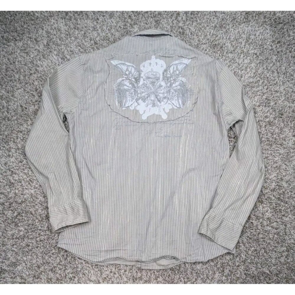 Roar Button Down Shirt Mens Large Beige Stripe Embroidered Long Sleeve